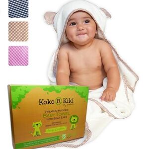 Koko n Kiki Bamboo Baby Hooded Towel & Washcloth Set Beige Gingham 35x35 - New